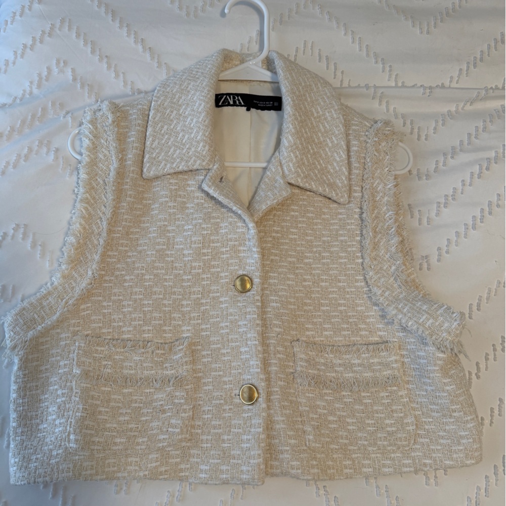 Zara Beige Textured Vest with Gold Accents